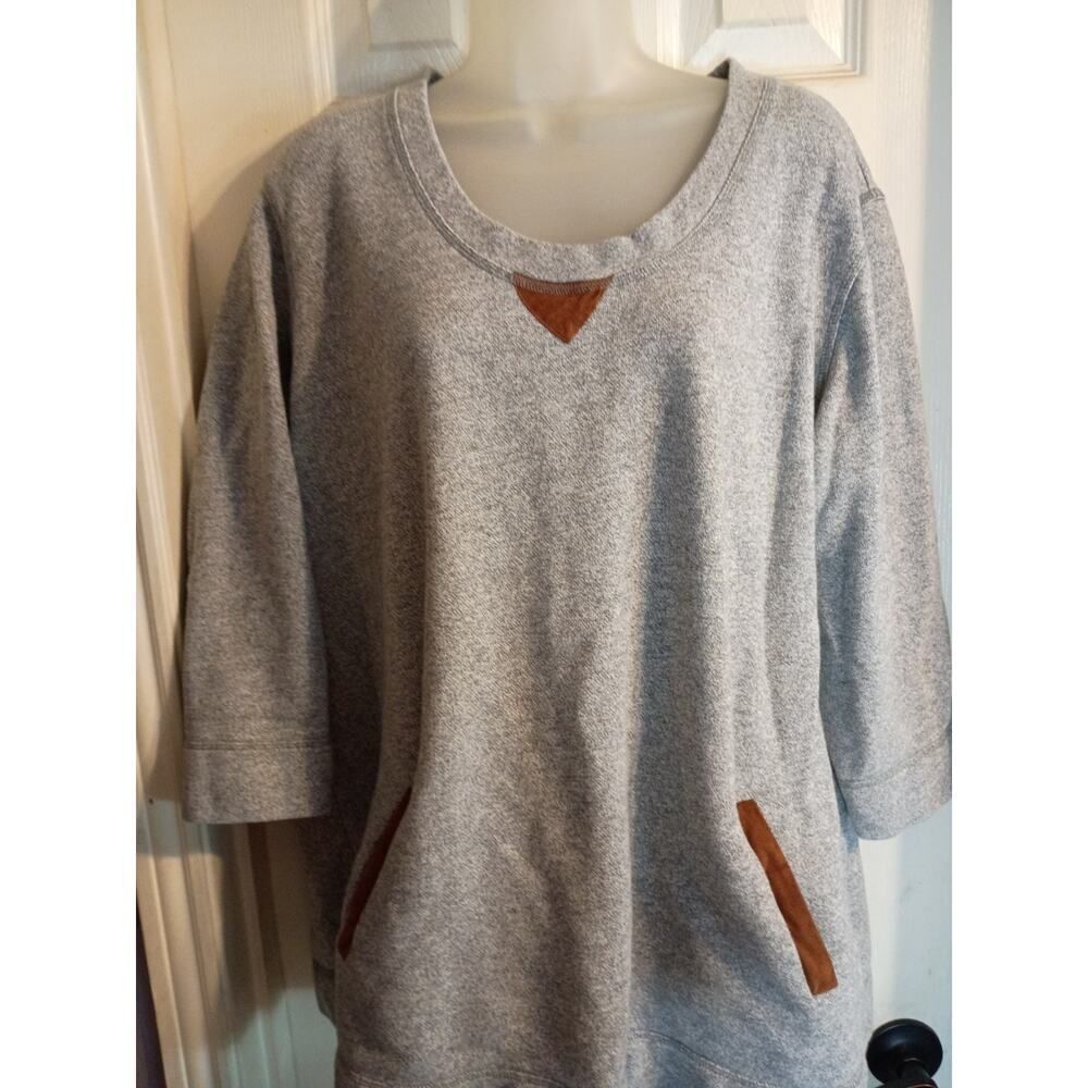 Soft Surroundings Sweatshirt Gray Brown Faux Suede Trim Pockets Sz XL Cozy Comfy